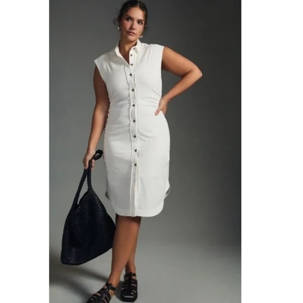 Anthropologie Pilcro Heavyweight Stretch Twill Shirt Dress White 12P Petite 12